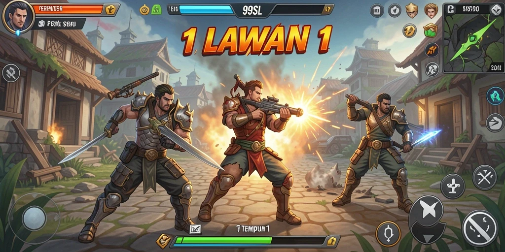 Tampilan antarmuka pertempuran 1 lawan 1 yang dinamis dalam 99SL.