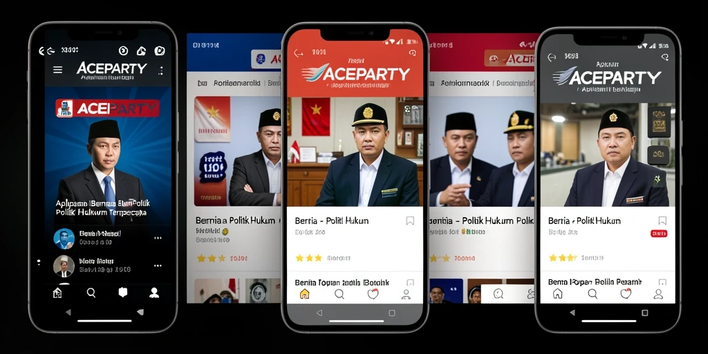Antarmuka aplikasi ACEPARTY menampilkan berita politik dan hukum terkini.